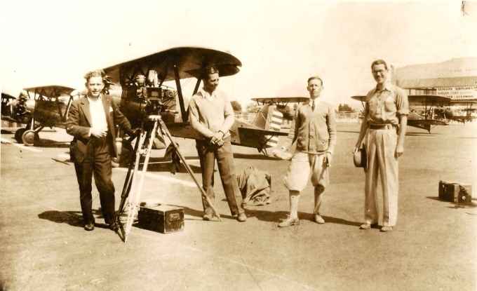 Bob Wagner, second from right, working as a second unit cameraman on the set of The Dawn Patrol (1930). (Photo: K.W. Starrett Collection)